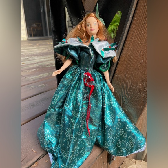 Green Eyed Redhead Barbie in Christmas Holly Gown - Picture 2 of 10